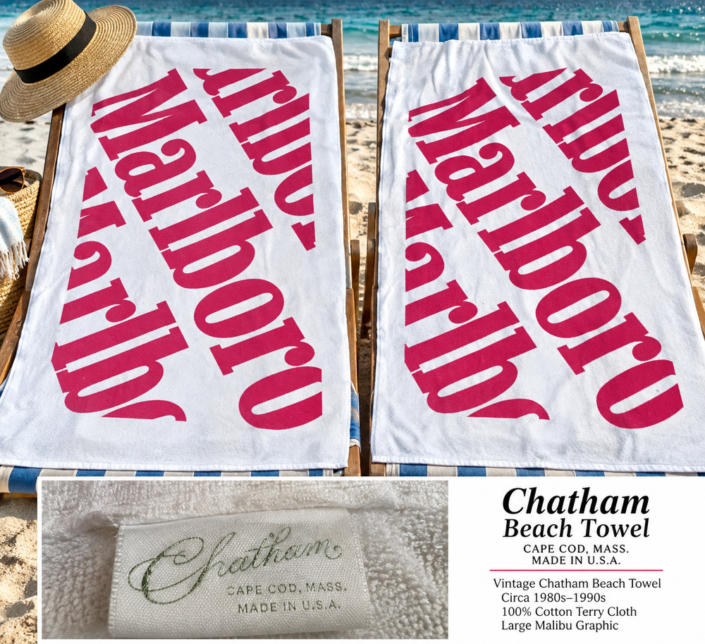 2 pc Vintage 90s Marlboro Beach Towels Pair 33x54 Red White Made USA Tob. Promo